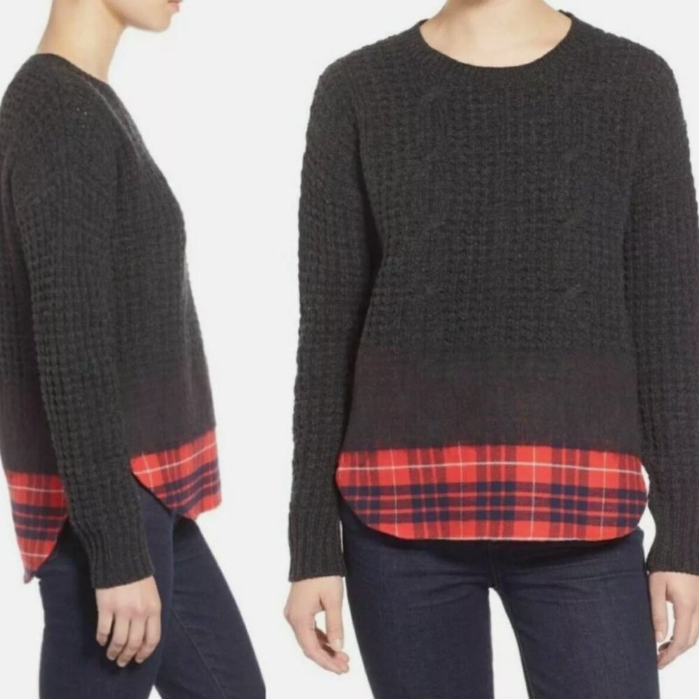 Madewell Wintermix Cable Knit Plaid Sweater Wool Gray Red Size Small NWT